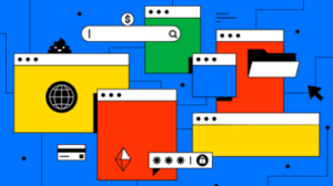 Ilustração colorida mostrando várias janelas de navegadores e ícones digitais representando diferentes fontes de tráfego online.