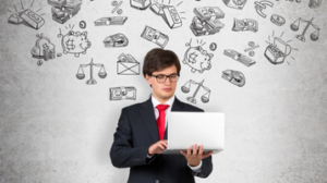 O que é tráfego pago: empresário usando notebook cercado por ícones de finanças, marketing e anúncios online.