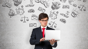 O que é tráfego pago: empresário usando notebook cercado por ícones de finanças, marketing e anúncios online.