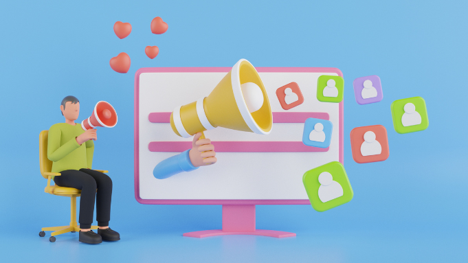 Ilustração de uma pessoa usando megafone diante de um computador, simbolizando o alcance de público por meio de tráfego pago e tráfego orgânico