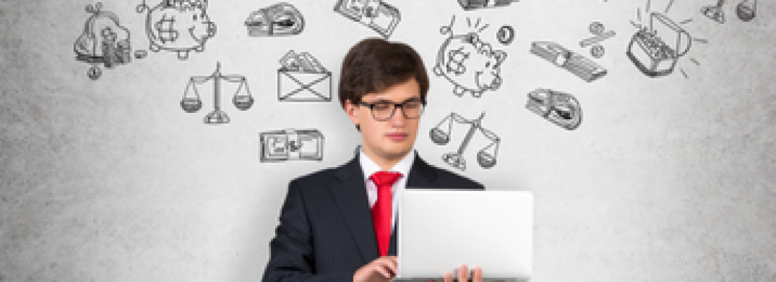 O que é tráfego pago: empresário usando notebook cercado por ícones de finanças, marketing e anúncios online.